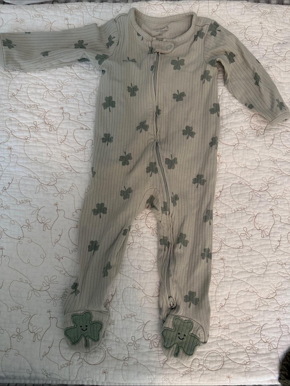 Carter's Sage Green Ribbed Footed One-Piece with Clover Motif